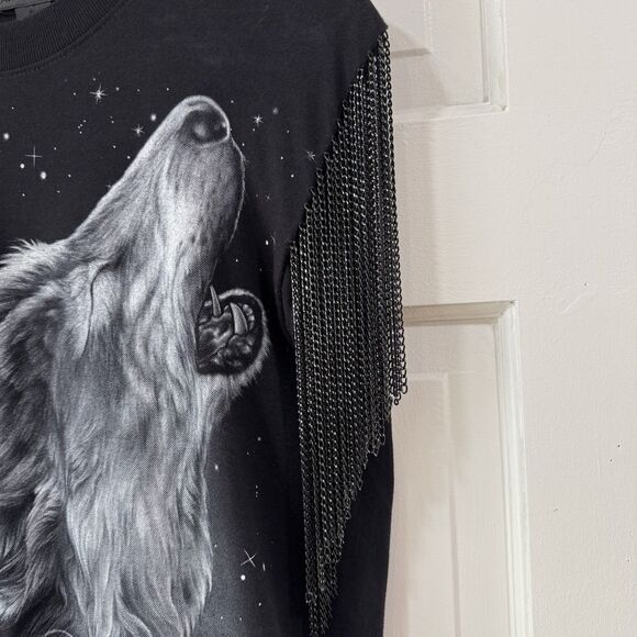 Double Side Wolf Print Black Shirt Fringe Chain Sleeves By Avion En Papier RARE - Picture 6 of 12